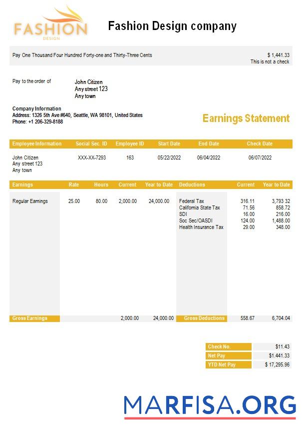 Downloadable Fashion design company payslip example